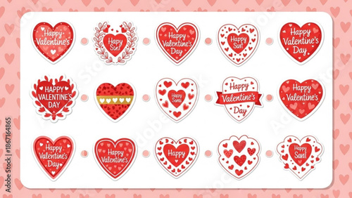 Valentine's day stickers with various heart designs and happy valentine's day messages on white background with pink border with valentine s day