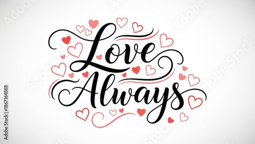 Love always typography with hearts on white background for valentines day with romance and graphic design and digital art and inspirational and romantic