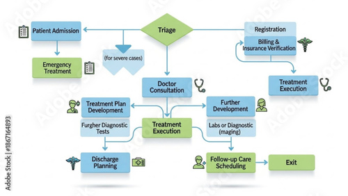 A detailed flowchart illustrating the patient treatment process in a hospital setting with various stages and steps with medical and healthcare