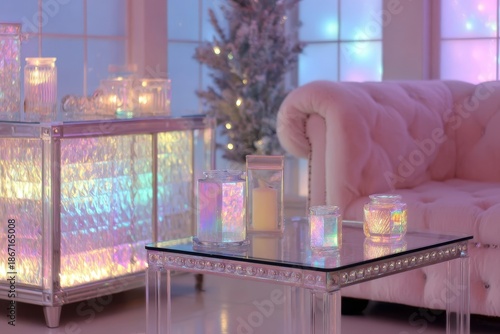 Holographic interior design, dreamy pastel living room with iridescent coffee table and fuzzy sofa. Sparkling holographic interior design with pink velvet couch and candles.