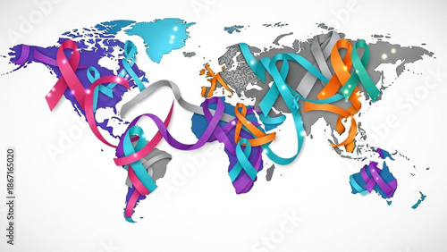 Vibrant colored ribbons flowing across a world map on a white background symbolizing global connection and awareness with colorful ribbons and symbolism