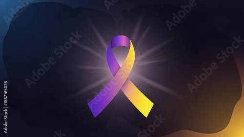 Vibrant purple and yellow awareness ribbon with radiant light on dark gradient background symbolizing hope and support with inspirational and encouragement
