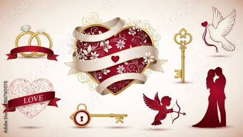 Valentine's day symbols collection with heart keys love and cupid with valentine s day and romance and engagement and wedding and romantic and sentimental