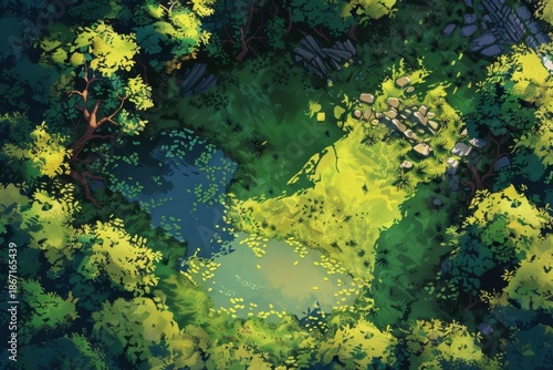 Old ruins in verdant forest with calm pond. Ancient stone structures blend with thick foliage and trees. Picturesque vista captures jungle reclaim.