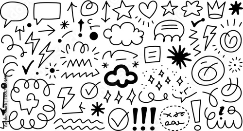 Doodle Elements Set: A collection of various doodle elements including stars, arrows, speech bubbles, lightning bolts, and checkmarks, perfect for adding a touch of personality to any design.