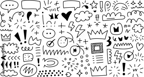Doodle Art of Illustration: A vibrant collection of hand-drawn elements bursts with creativity. Bubbles, stars, crowns.