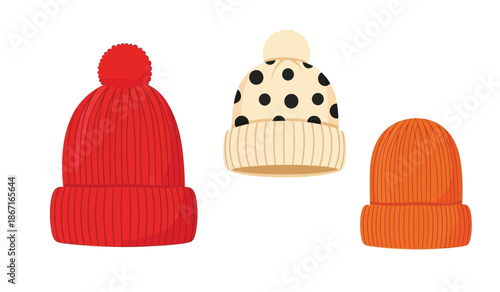 Three colorful knit winter hats with pom poms
