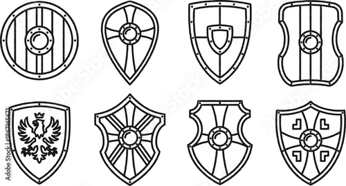Set of various medieval shield designs and shapes for graphic design and historical illustrations  heraldry symbols