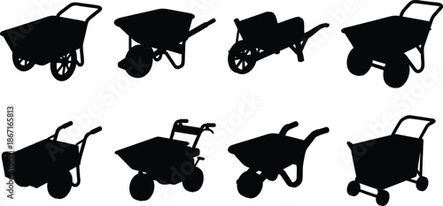 Silhouettes of various wheelbarrows in different positions and angles for construction and gardening purposes  isolated on white background