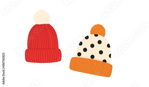 Two colorful knit hats with pom poms