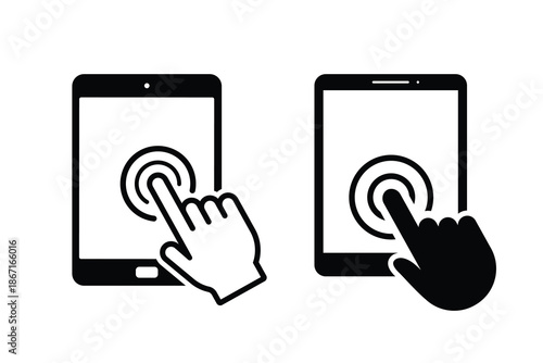 Hand touch tablet icon. Click on the tablet screen. Touch screen icon. Clicking on a blank screen with a finger