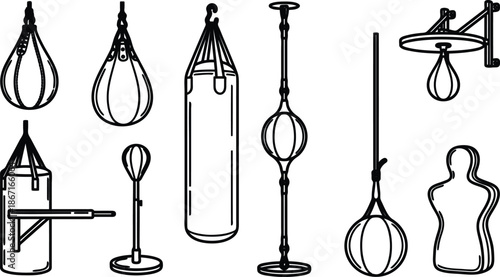 Various boxing punching bags and training equipment for fitness and combat sports  boxing gear for training and practice