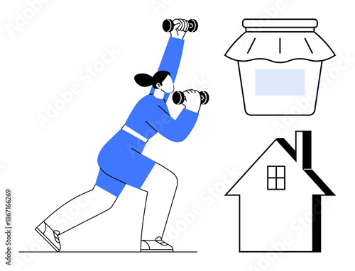 Fitness, healthy lifestyle, home workouts, wellness, food preservation, healthy habits. A woman lifting dumbbells, a jar and a house icon. Fitness and healthy lifestyle concept