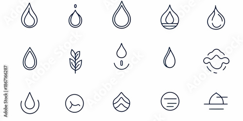 Set of twenty water drop line icons with nature, air, wave, shower and environmental elements in minimalist thin stroke style vector illustration