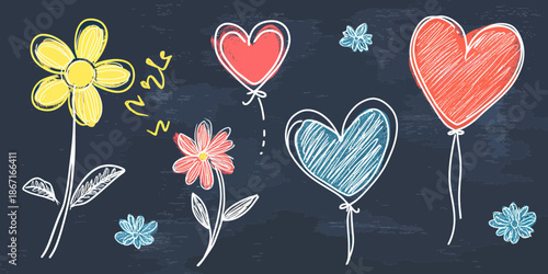 Hand drawn colorful flower and heart shaped balloons chalk sketch on blackboard with playful doodle children style elements vector illustration