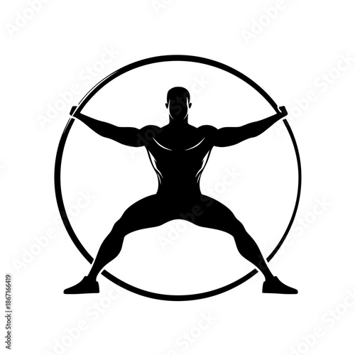 Silhouette of muscular man exercising with weighted hula hoop in wide stance vector flat minimalist design fitness concept