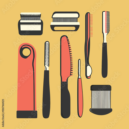 Flat minimalist vector illustration of various barber shop tools and grooming combs in black and red on yellow background with clean simple design and modern style