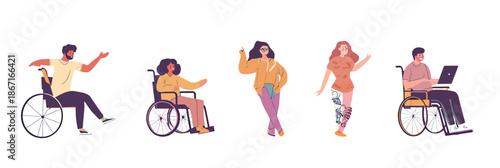 Diverse group of active people with disabilities including wheelchair users and standing individuals engaging in social and work activities flat vector illustration