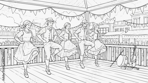 Children's coloring book - Dancers performing on the stage of the open-air festival