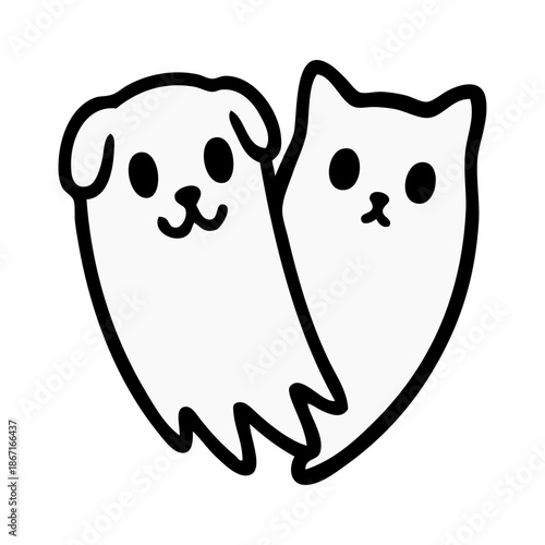 Dibujo sencillo con líneas de fantasma simpático de perro y de gato