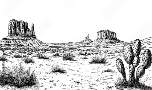 Vintage black and white engraving style sketch of American southwestern desert landscape with cacti, rocky mesas, shrubs, and distant buttes in minimalist vector art