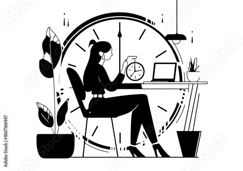 Businesswoman sitting at desk holding small clock with large clock in background productivity time management concept flat vector illustration