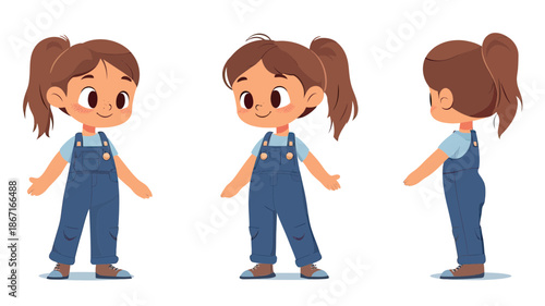Cute little girl character front side and back view wearing blue jeans overalls with ponytail hairstyle in flat vector style animation design