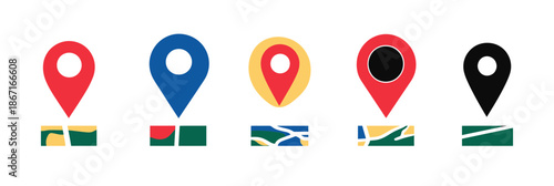 Set of colorful location pin icons with map segment bases in flat minimalist vector style for GPS navigation and travel markers