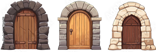 Set of three medieval wooden arched doors with stone frames castle entrances ancient kingdom gates flat minimalist vector design isolated on white background