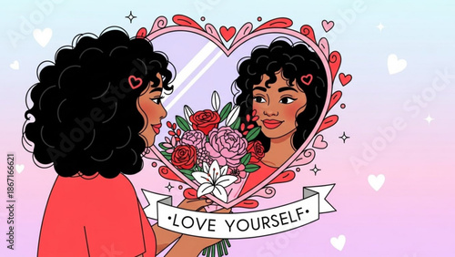 A woman with dark curly hair and a red shirt holds a heart shaped mirror with flowers and the words love yourself written on it reflecting her image with a positive