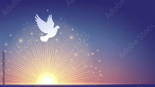 White dove flying over sunrise with sun rays and stars in the sky symbolizing peace and freedom in a serene natural landscape with hope and new beginning