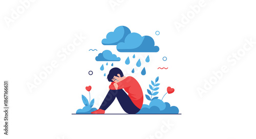 Sad and depressed young man sitting alone on the ground under a raining cloud, symbolizing grief, sorrow, and mental health issues.