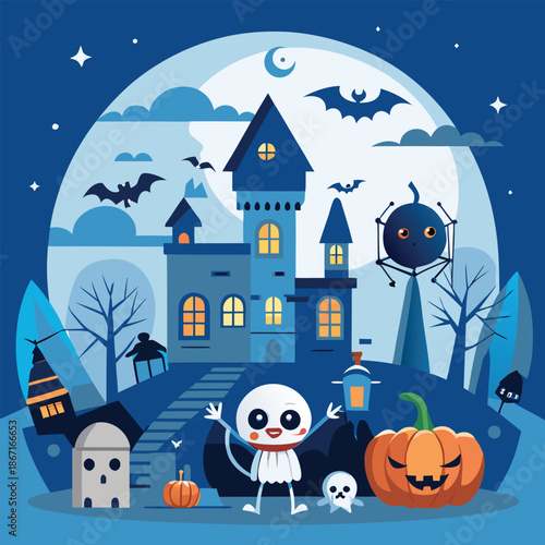 Cute Halloween Skeleton Scene Illustration with Pumpkins and Haunted House