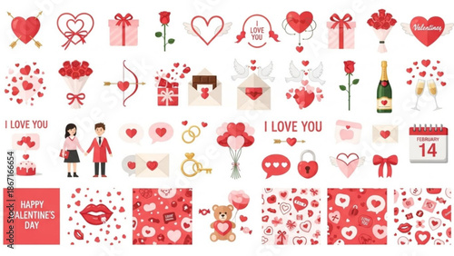 Valentine's day stickers with hearts gifts and romantic symbols on white background for love and celebration with Valentine s Day and romance