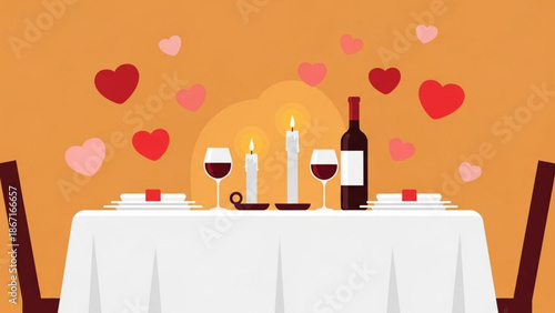 A romantic dinner setup for two with wine glasses and candles on a white tablecloth surrounded by floating hearts on an orange background with valentine s day