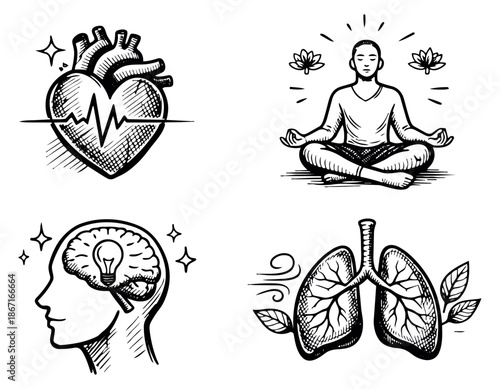 Hand drawn line art health icons set featuring a heart, meditating person, brain with a lightbulb, and human lungs for medical and mental wellbeing