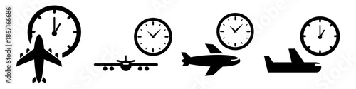 Set of airplane and clock icon vector for travel schedules. Ideal for flight duration, time zones, airport delays, and tourism planning.