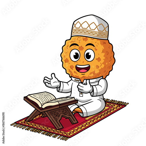A cartoon food character praying on a carpet with a book