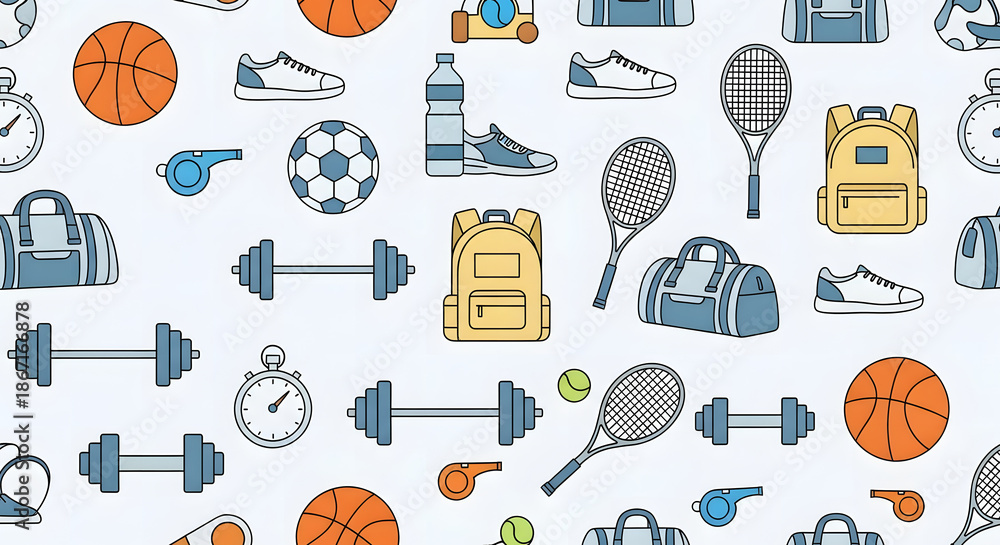 A seamless pattern background featuring various sports equipment and accessories like basketballs, soccer balls, tennis rackets, dumbbells, sneakers, and bags.