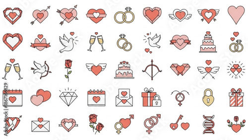 Collection of romantic heart and love themed icons including hearts rings gifts and symbols for valentine's day and wedding celebrations with romance
