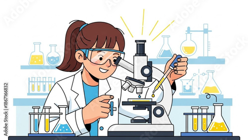 Young female scientist examining specimen through microscope in laboratory setting with various scientific equipment and chemicals around her