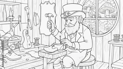 Children's coloring book - Cartoon leprechaun working on a shoe in a whimsical workshop  