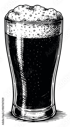 Hand drawn illustration of a glass of beer depicting a foamy head for beverage concepts