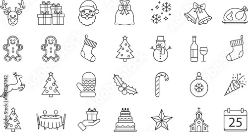 Christmas line icons, Santa, reindeer, snowflakes, ornaments, food, church, calendar, tree, gift box, cad drawing flat vector illustration