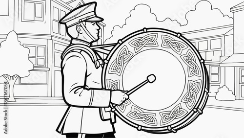 Children's coloring book - Drum major playing large drum in front of building on street  