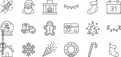 Christmas New Year icons, festive symbols, Santa, snow globe, fireplace, decorations, cad drawing flat vector illustration