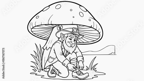 Children's coloring book - A leprechaun sits under a large mushroom and adjusts the gold buckles on his shoes