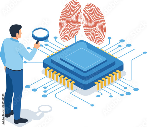 Isometric Vector Illustration of a Man Examining Digital Fingerprints on a Computer Microchip Using a Magnifying Glass