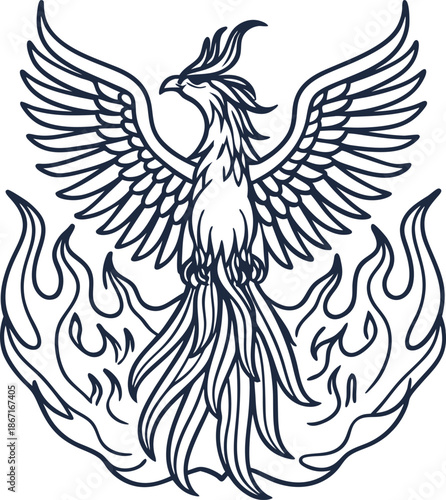Phoenix rising from flames, mythical bird with outstretched wings and fiery tail design