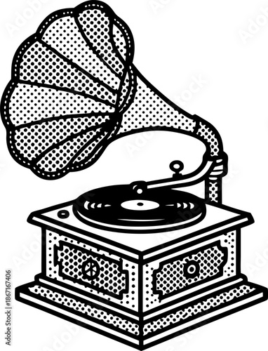 Vintage gramophone with horn speaker playing vinyl record, retro music player illustration